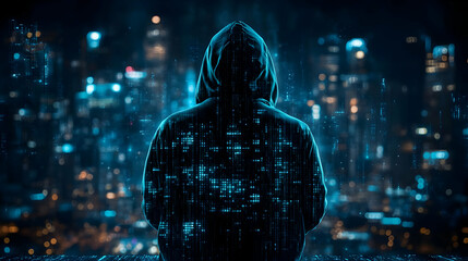 Fototapeta premium A figure in a hoodie gazes at a futuristic cityscape, surrounded by digital effects.
