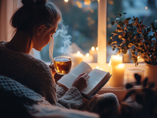 Woman reading a book by the window with tea and candles.
