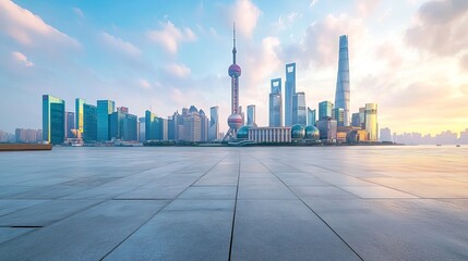 Panoramic skyline and buildings with an empty concrete square floor in Shanghai, China