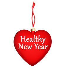 Christmas ball red heart, Merry Christmas, Happy Healthy New Year text, golden decoration, white background isolated, winter holidays, xmas celebration, greeting card, love life symbol, health care