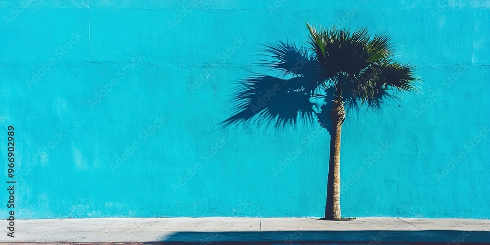 Wall mural a single palm tree casts a shadow on a bright blue wall