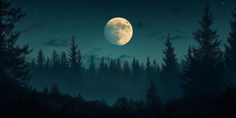 Fototapeta premium A forest at night with a full moon in the sky 