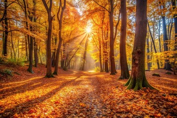Fototapeta premium Soft focus on autumn foliage with sun beams filtering through the trees