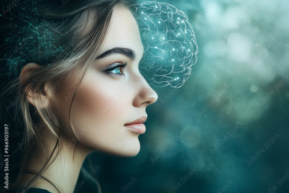 Wall mural Neural oscillation neural transmission and neuroadaptive technology side profile of woman with neural brain overlay symbolizing futuristic cognition and digital thinking