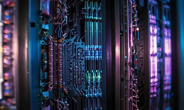A quantum computer with exposed, intricate wiring glowing in subtle blue and purple light