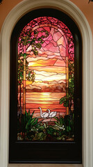 Stained glass window sunset over water, surrounded by lush flowers and swirling clouds. generative ai