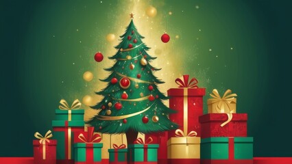 Naklejka premium Elegant Christmas tree with gifts on matte background for stylish holiday cards