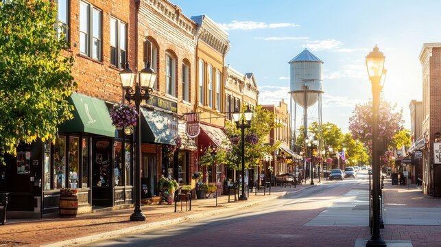 Charming Small Town Street with Water Tower and Brick Buildings