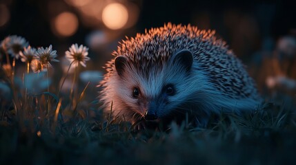 A West European Hedgehog searching for food in the garden grass at night.