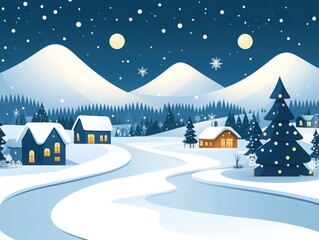 Fototapeta premium Snowy winter landscape with cozy cottages, mountains, and stars in the night sky. Serene and peaceful winter wonderland scene.