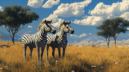 Obraz premium Zebras in a wild nature park, roaming freely amidst the natural landscape.