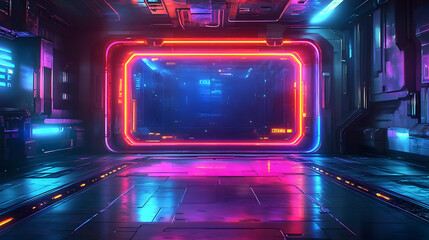 A futuristic corridor illuminated with vibrant neon lights and a sleek, high-tech atmosphere.