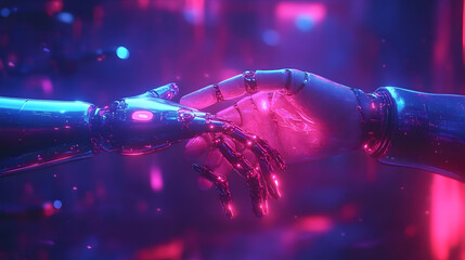 A futuristic depiction of a robotic hand reaching out to a human hand, symbolizing connection.