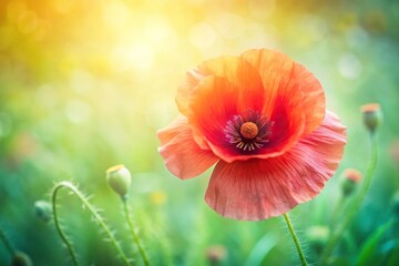 Soft red poppy on meadow in pastel colors Aerial