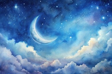 Fototapeta premium Soft watercolor painting of a crescent moon in a tranquil night sky with a worm's eye view