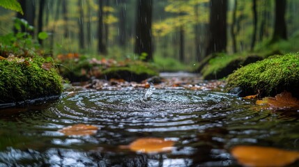 Rain Droplet Creating Ripples in a Forest Stream