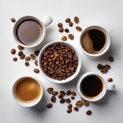 coffee kept on white table in different white coffee mugs_ roasted arabica beans scattered
