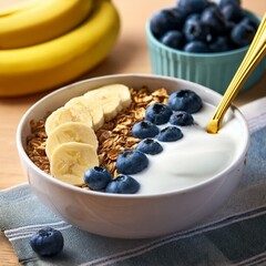 banana, blueberry, yogurt and granola pot kept on the table with a spoon for eating or break