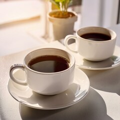 coffee kept on white table in same white coffee mugs