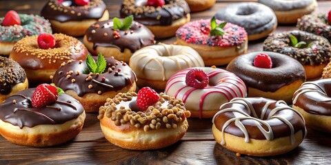 Delight in a selection of delectable donuts, boasting glazed, chocolate, and sprinkled exteriors, while creamy and
