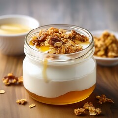 Honey yogurt and granola in disposable jar 