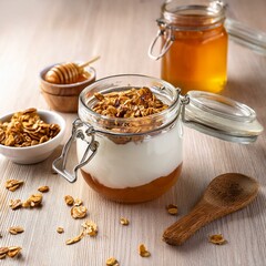 Honey yogurt and granola in eco-friendly jar