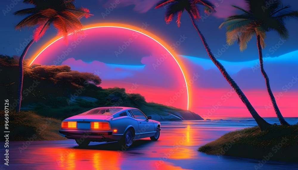 Wall mural neon-tinged retro car beneath vibrant arc on tropical beach, embodying retrowave and vaporwave aesth