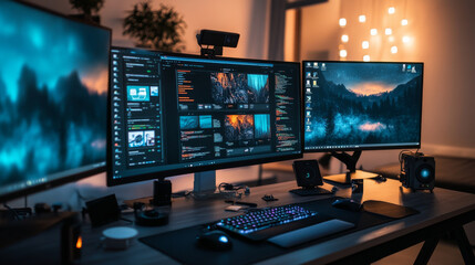 Fototapeta premium A computer desk with three monitors and a keyboard