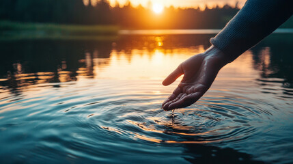 “Reflections of Calm: A Hand in Sunset’s Glow”