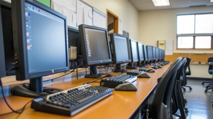 Fototapeta premium Computer Lab: A technology-rich room where students engage in learning computer science, research, and acquire essential digital skills. 