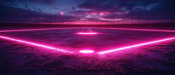 Baseball on a Field with Pink Neon Lights at Sunset