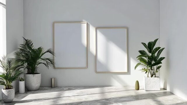 Bright and minimalist interior with empty frames and potted plants in sunlit space