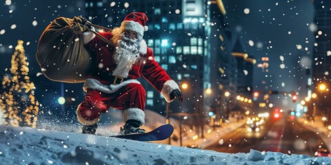 Naklejka premium Santa Claus Snowboarding Down a Mountain