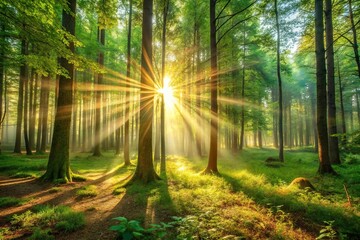 Naklejka premium Soothing sunlight filtering through lush forest