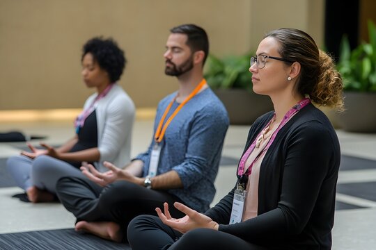 Mindfulness at Work - Employees participating in a meditation session in a corporate wellness program
