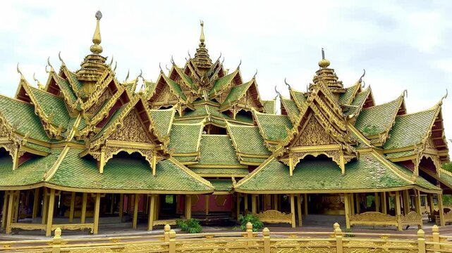4K video footage of Pavilion of the Enlightened, a green temple complex in Muang boran Ancient city, Samut Prakan, Bangkok, Thailand. Famous green and gold roof structure, surrounded by a lake.