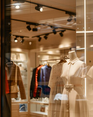 Boutique Window Display: A captivating glimpse inside a stylish boutique, showcasing a carefully curated collection of clothing and accessories.  The warm lighting and elegant mannequins create a luxu