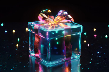 Vibrant glowing gift box with a festive ribbon on dark background with festive lights. Glowing colorful present with lights and hologram effect