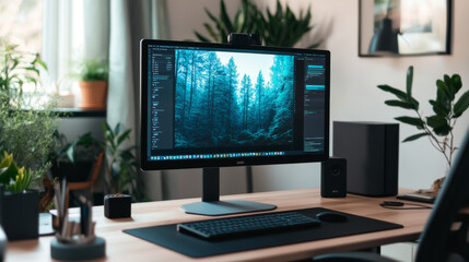 A computer monitor is on a desk with a keyboard and mouse