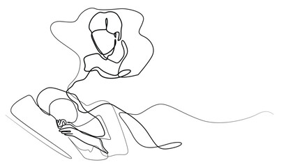 continuous line of woman sleeping and dreaming.one line drawing of woman dreaming of her lover.single line vector illustration.isolated white background