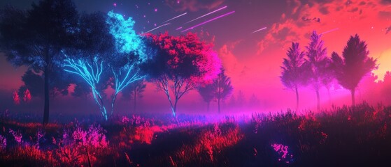 A Mystical Forest Illuminated by Neon Lights and Shooting Stars