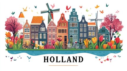 Colorful illustration of traditional dutch houses standing in a row with bicycles parked in front