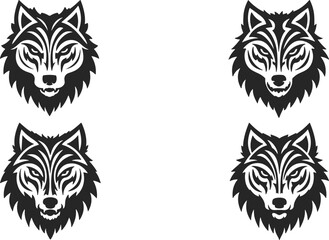 Logo design featuring a set of wolf-themed emblems, with a black wolf line art icon, illustrated in vector format on a white background.