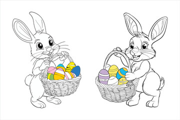 Adorable Easter Bunny with Colorful Painted Eggs in a Basket Coloring Page, Cute Easter Bunny With Basket