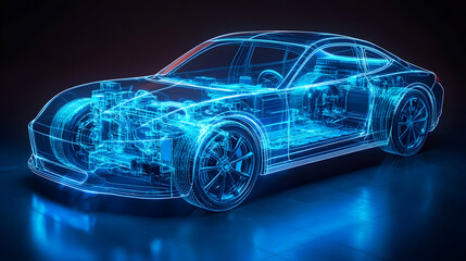 A futuristic, transparent car design showcasing internal components in a glowing blue outline.