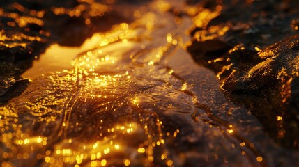 Gleaming oil flows over a textured stone surface under low light, captured in a close-up with a shallow depth of field.