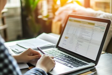 Online survey filling out and digital form checklist by laptop computer, Document Management Checking System, online documentation database and process manage files.