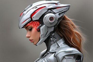 Fototapeta premium Neuron augmentation and cybernetics female cyborg warrior in futuristic armor with red mechanical highlights symbolizing advanced robotic technology