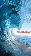 Massive ocean wave curling towards shore with palm trees in the distance, dynamic seascape. Adventure and nature concept