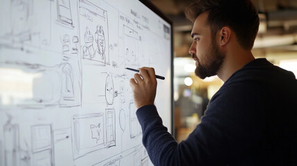 A man is drawing on a white board with a pen